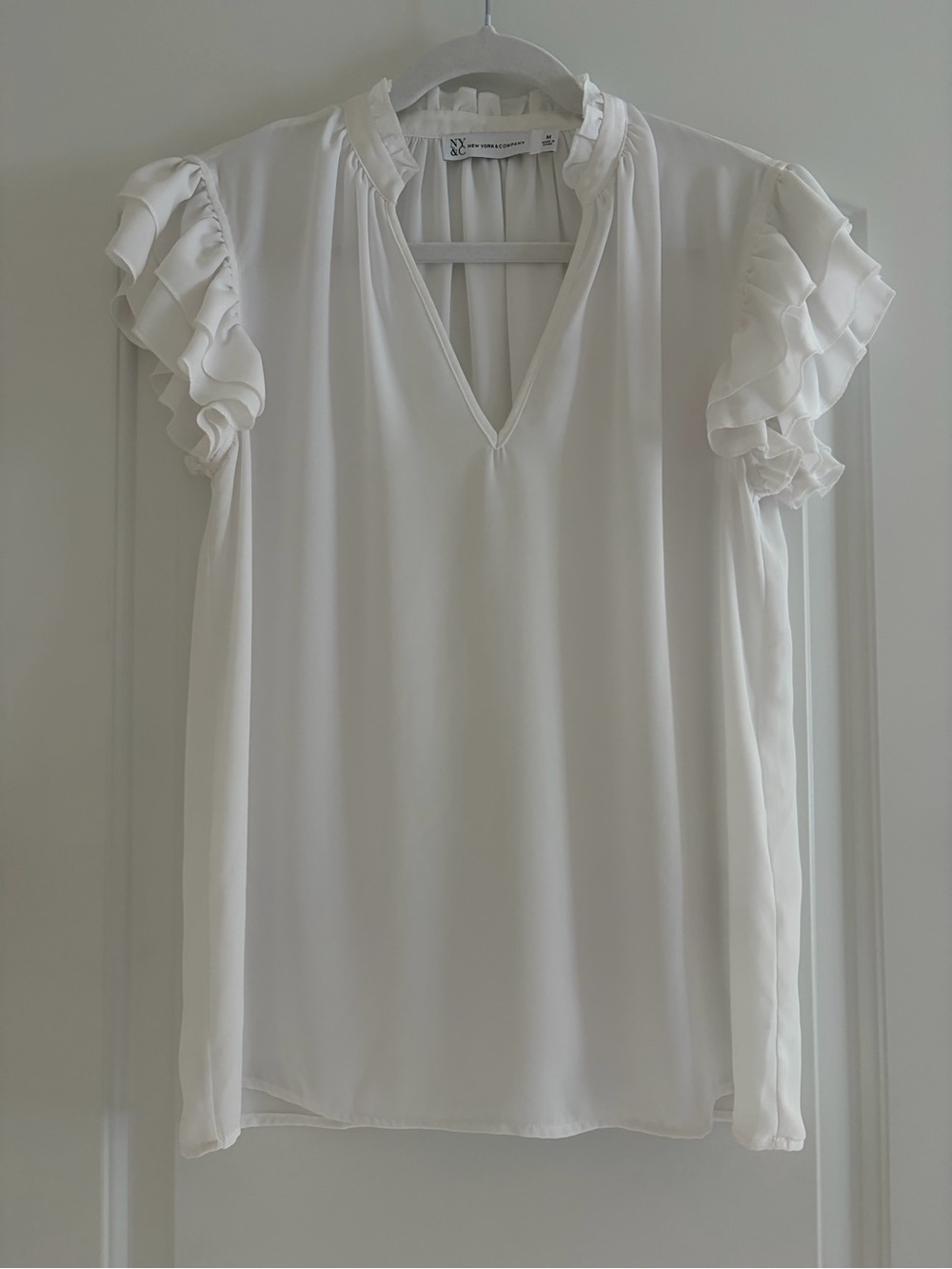 New York & Company White Ruffle Sleeve V-Neck Blouse